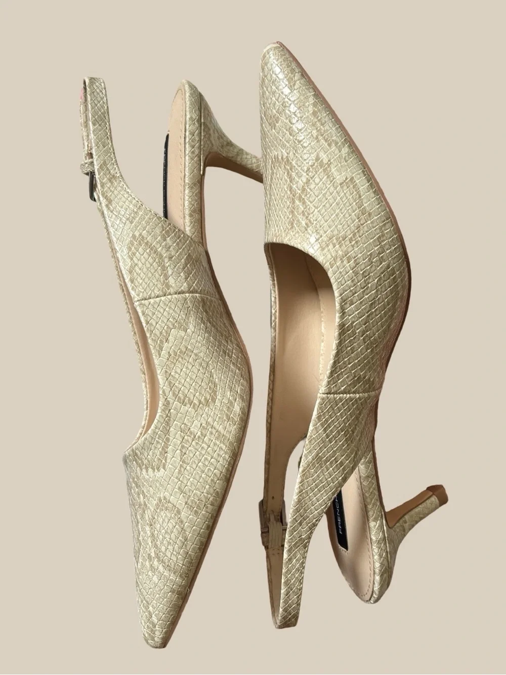French Connection Quinn Sling Back Kitten Heels Cream Snakeskin Pointed Toe NWOB